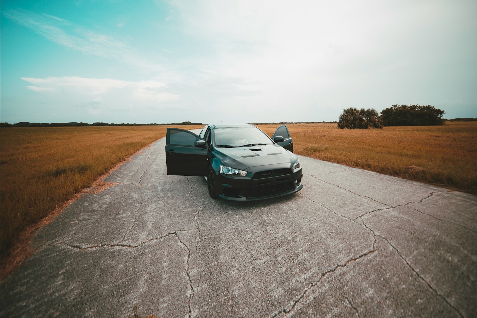 black vehicle with two opened doors parked on cracked gray road